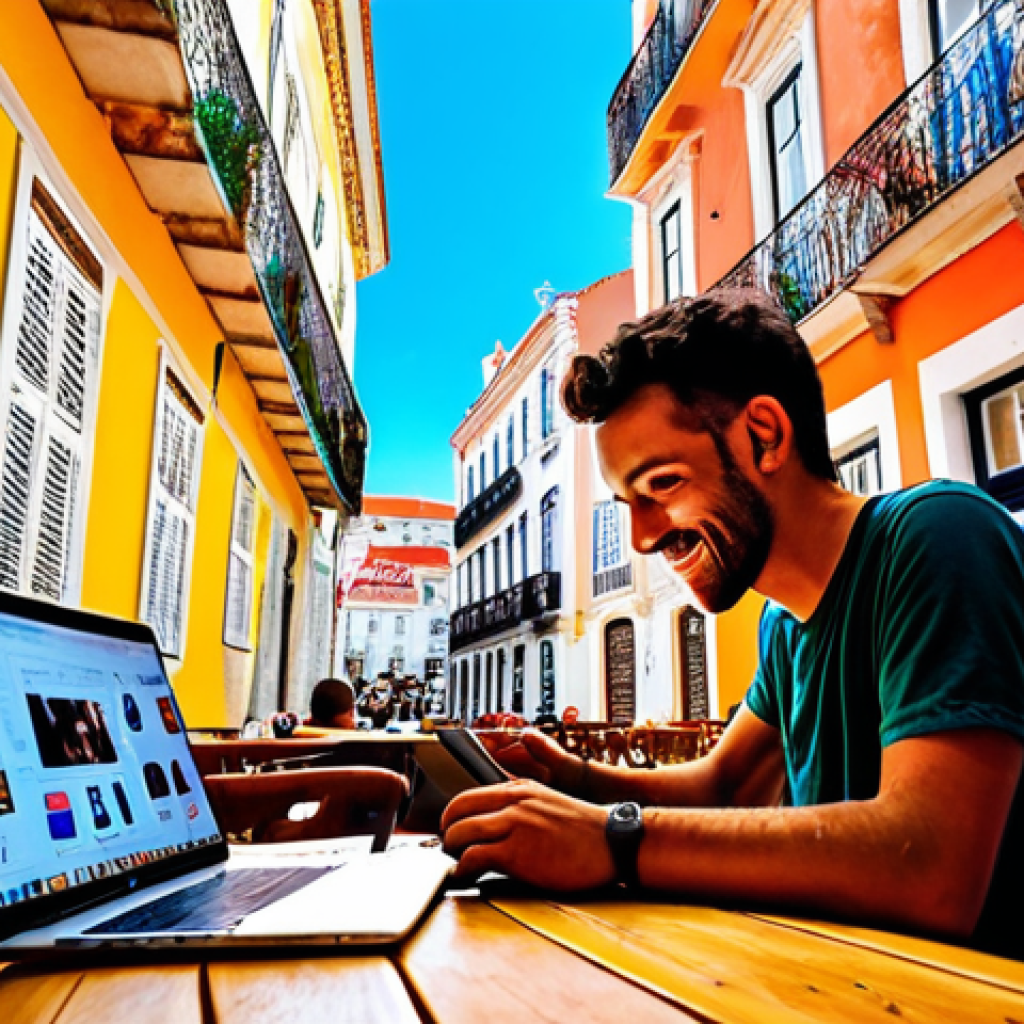 **A vibrant digital nomad working on a laptop at a colorful cafe in Lisbon, Portugal. The cafe is bustling with people, and there's a view of historic buildings outside. The overall mood is energetic and productive.**