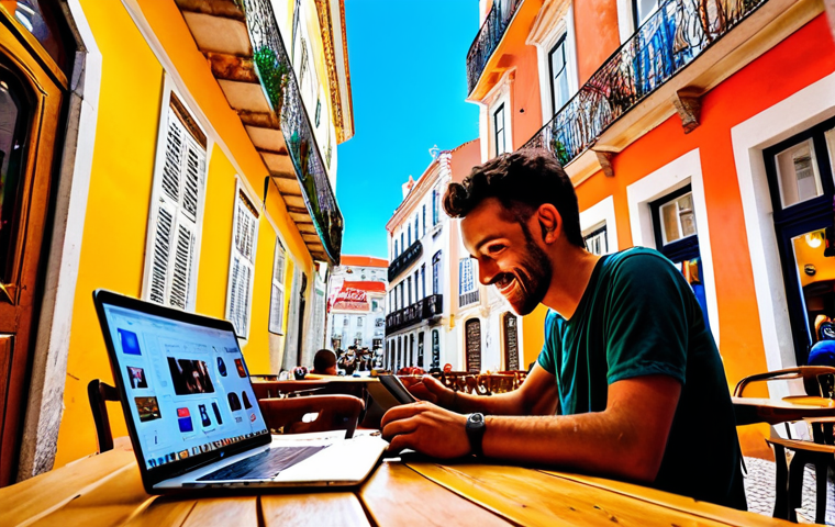 **A vibrant digital nomad working on a laptop at a colorful cafe in Lisbon, Portugal. The cafe is bustling with people, and there's a view of historic buildings outside. The overall mood is energetic and productive.**