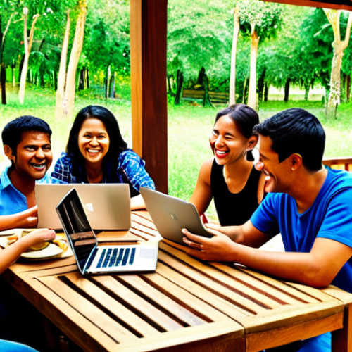 A dynamic and authentic scene of diverse digital nomads transitioning from online connections to real-world interactions. The left side subtly shows individuals engaged with laptops and phones in various global settings, hinting at virtual communication. This blends seamlessly into the right side, where the same people are genuinely connecting in a vibrant physical space—perhaps a communal table in a co-working hub or a shared meal outdoors—exchanging laughs, ideas, and fostering a palpable sense of belonging and an "extended global family." Emphasize warmth, genuine smiles, and human connection, high detail.