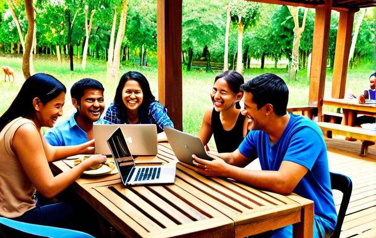 A dynamic and authentic scene of diverse digital nomads transitioning from online connections to real-world interactions. The left side subtly shows individuals engaged with laptops and phones in various global settings, hinting at virtual communication. This blends seamlessly into the right side, where the same people are genuinely connecting in a vibrant physical space—perhaps a communal table in a co-working hub or a shared meal outdoors—exchanging laughs, ideas, and fostering a palpable sense of belonging and an "extended global family." Emphasize warmth, genuine smiles, and human connection, high detail.