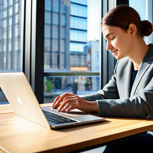 Home 20 A professional digital nomad, dressed in modest business casual attire, working diligently on a laptop at a sleek wooden table in a sunlit, modern coworking cafe. The background features blurred soft light and a hint of a vibrant city view through a large window, conveying a sense of flexibility and global presence. The pose is natural and focused, reflecting a productive workflow. Fully clothed, appropriate attire, safe for work, professional, perfect anatomy, correct proportions, natural pose, well-formed hands, proper finger count, natural body proportions, professional photography, high quality, appropriate content.