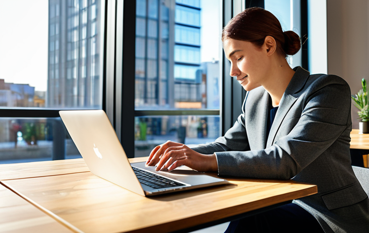 A professional digital nomad, dressed in modest business casual attire, working diligently on a laptop at a sleek wooden table in a sunlit, modern coworking cafe. The background features blurred soft light and a hint of a vibrant city view through a large window, conveying a sense of flexibility and global presence. The pose is natural and focused, reflecting a productive workflow. Fully clothed, appropriate attire, safe for work, professional, perfect anatomy, correct proportions, natural pose, well-formed hands, proper finger count, natural body proportions, professional photography, high quality, appropriate content.