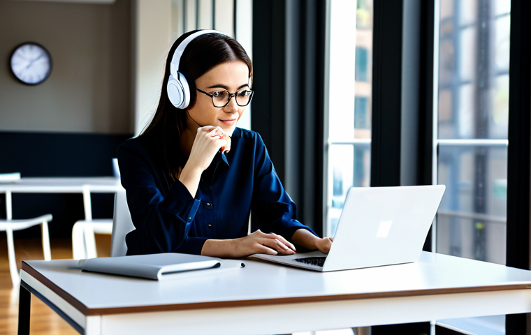 A professional digital nomad, dressed in a modest business casual outfit, is intensely focused on a laptop screen at a modern, sunlit desk within a vibrant co-working space. Headphones are worn, and a digital world clock on a second monitor prominently displays multiple time zones, symbolizing global connectivity. A steaming cup of coffee sits beside the laptop. The environment is clean and organized, conveying a sense of productivity. fully clothed, appropriate attire, safe for work, perfect anatomy, correct proportions, natural pose, well-formed hands, proper finger count, natural body proportions, professional photography, high quality, modest, family-friendly content.