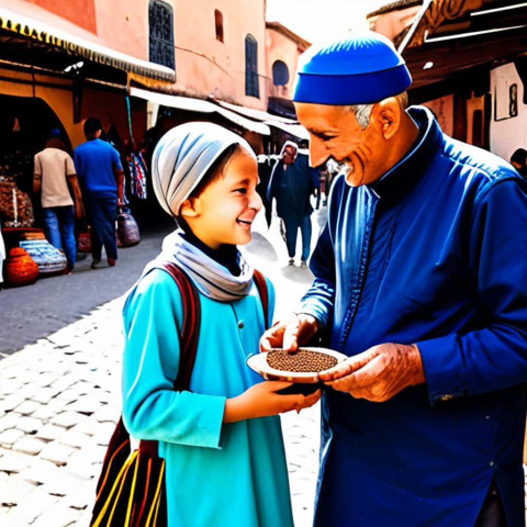 A digital nomad family of four, including two parents and two children (aged approximately 7 and 12), fully clothed in modest, comfortable travel attire, exploring a vibrant, traditional marketplace in Marrakech, Morocco. The older child is joyfully interacting with a friendly local vendor, holding a small bag of colorful spices, while the younger child sketches in a notebook, capturing the bustling atmosphere. The parents stand nearby, smiling warmly, observing the cultural exchange. The market is filled with authentic stalls, rich textiles, and artisan crafts under natural, bright daylight. safe for work, appropriate content, fully clothed, family-friendly, perfect anatomy, correct proportions, natural pose, well-formed hands, proper finger count, natural body proportions, professional photography, high quality, cultural immersion.