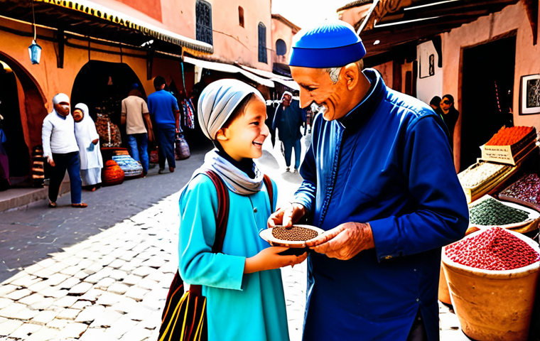 A digital nomad family of four, including two parents and two children (aged approximately 7 and 12), fully clothed in modest, comfortable travel attire, exploring a vibrant, traditional marketplace in Marrakech, Morocco. The older child is joyfully interacting with a friendly local vendor, holding a small bag of colorful spices, while the younger child sketches in a notebook, capturing the bustling atmosphere. The parents stand nearby, smiling warmly, observing the cultural exchange. The market is filled with authentic stalls, rich textiles, and artisan crafts under natural, bright daylight. safe for work, appropriate content, fully clothed, family-friendly, perfect anatomy, correct proportions, natural pose, well-formed hands, proper finger count, natural body proportions, professional photography, high quality, cultural immersion.