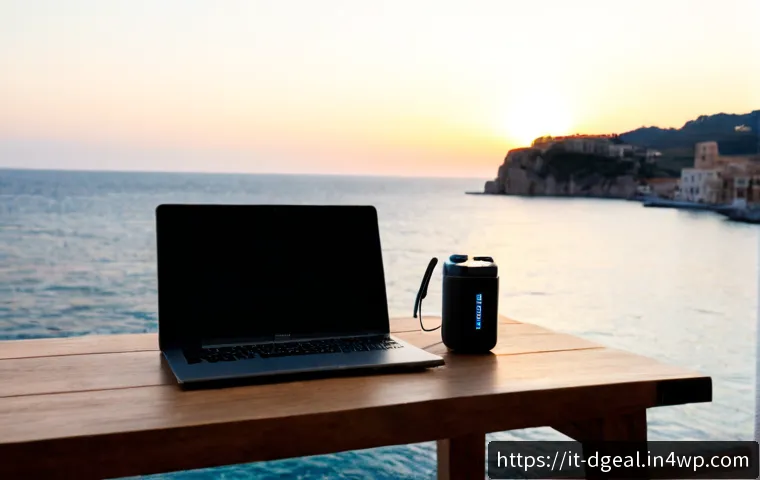 Home 15 효율적인 디지털 노마드 생활을 위한 도구 - Photorealistic digital nomad workspace on a sunlit terrace in a historic Italian coastal town, matur...
