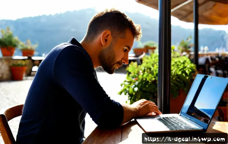 Home 17 디지털 노마드와 온라인 비즈니스 창업 - Photorealistic digital nomad entrepreneur working on a laptop at a sunlit café terrace in coastal It...